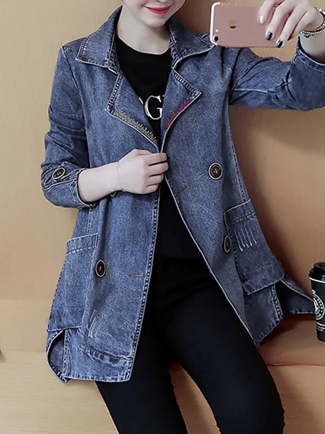 Women's Denim Jacket Regular Coat Regular Fit Warm Breathable Streetwear Elegant Jacket Spring Summer Long Sleeve Solid Color Pocket Navy Blue Outdoor Street Daily