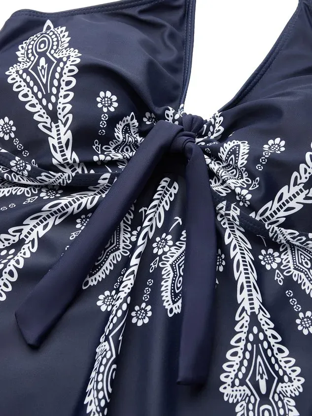 Vacation Ethnic Printing V neck Tankinis Two-Piece Set