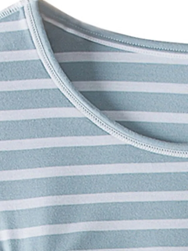 Women's 2 Piece Pajama Sets  with Chest Pad Long Sleeve Stripe Shirt and Pants Crew Neck Spring Autumn Pink Blue