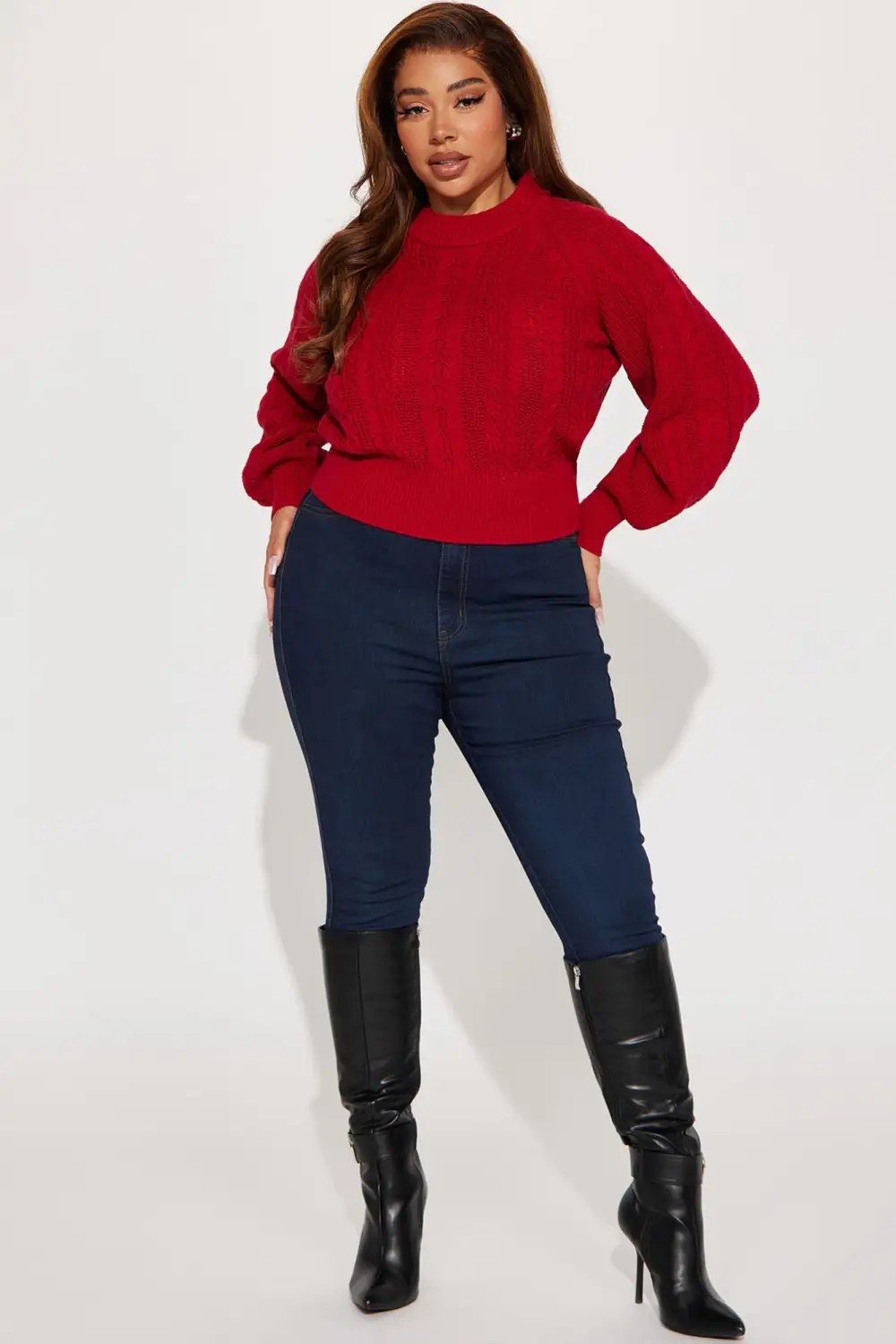 Melissa Cable Knit Cropped Sweater - Red