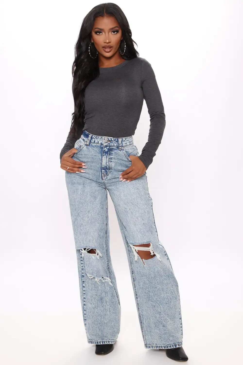 Lily Crew Neck Long Sleeve Top - Charcoal