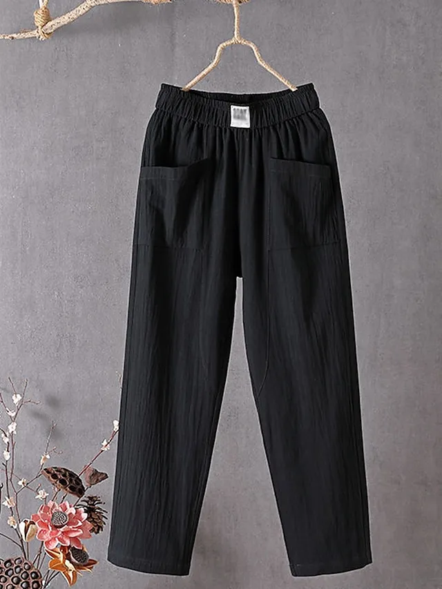 Women's Linen Pants Chinos Pants Trousers Cotton Solid Color Side Pockets Baggy Ankle-Length Micro-elastic Mid Waist Fashion Work Casual Black White M L Summer Spring &  Fall