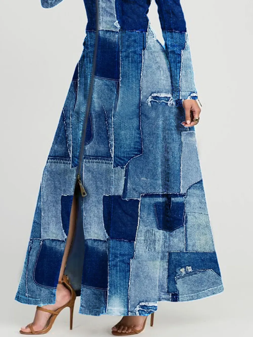 Ursime Denim Patchwork Raw Edge Zipper Long Sleeve Maxi Dress