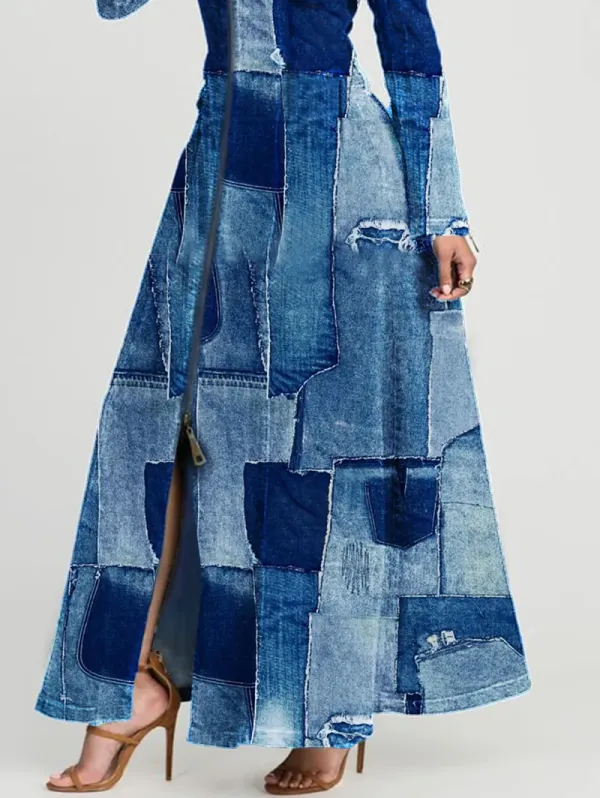 Ursime Denim Patchwork Raw Edge Zipper Long Sleeve Maxi Dress