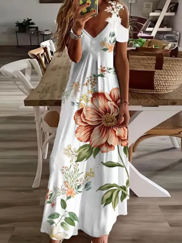 Casual Floral Print Panel V-Neck Short Sleeve Maxi Dress