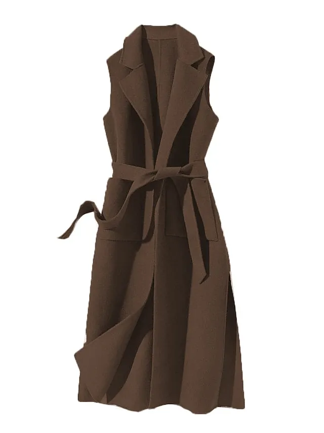 Women's Vest Winter Sleeveless Overcoat Long Pea Coat Fall Trench Coat with Belt Office Casual / Daily Fashion OuterwearBlack S