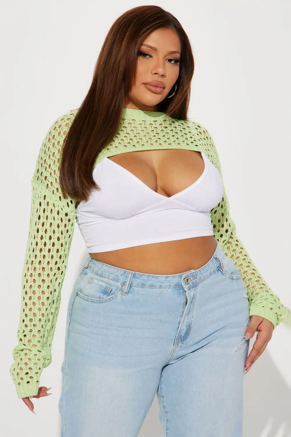 Got It My Way Cropped Crochet Sweater - Green