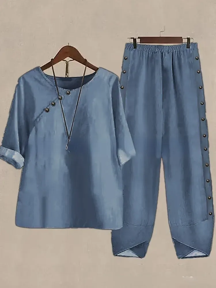 5/4 Sleeved Cotton Linen Top And Pants Two-piece Set
