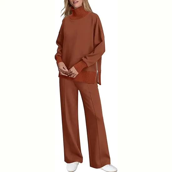 Women's 2-Piece Lounge Set 🧶 | Cozy Knit Turtleneck Top & Matching Pants Outfit