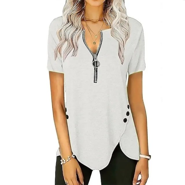 Women‘s Casual Short-Sleeved Top V-Neck Zipper Solid Color Button T-shirt Blouse