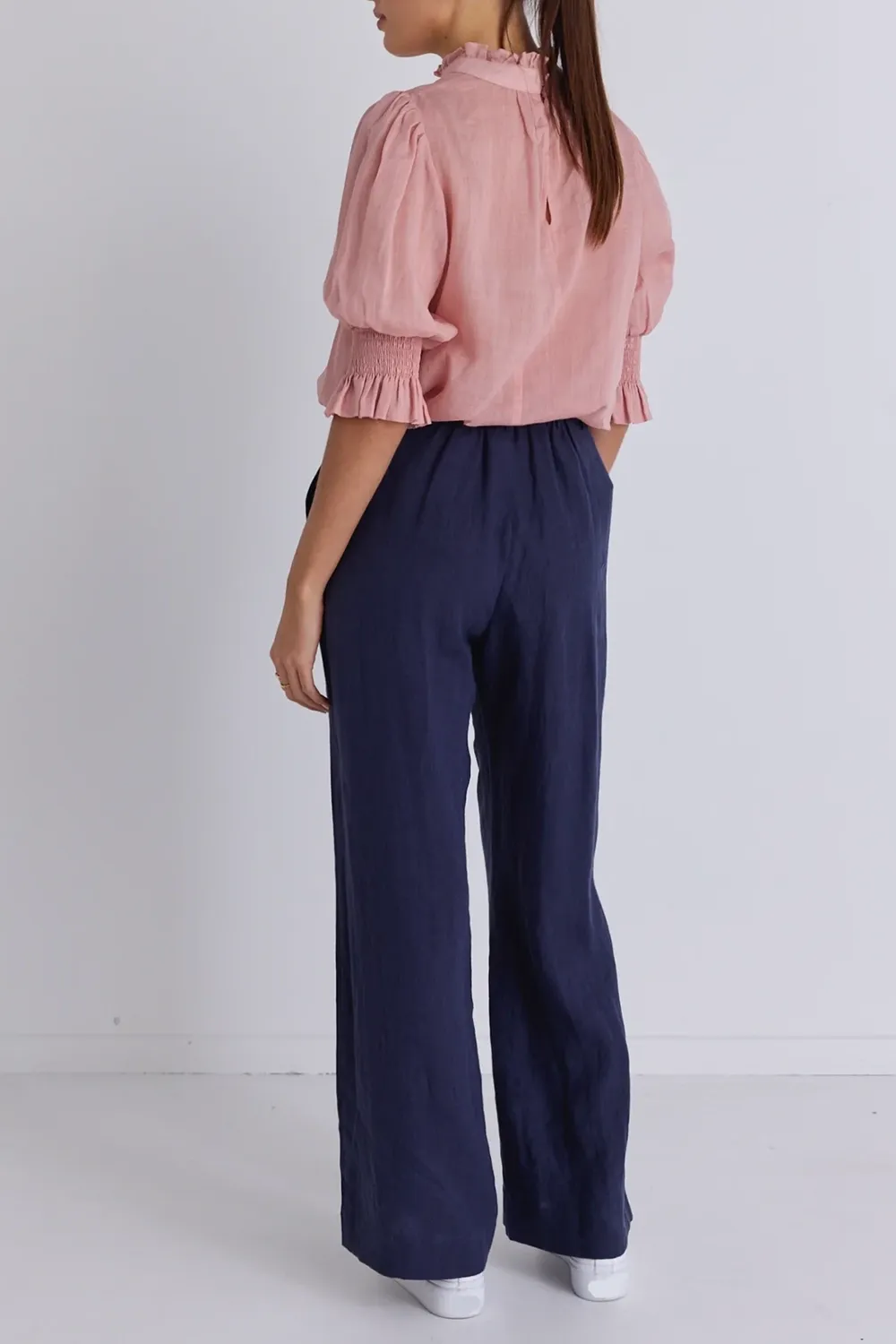 Navy Linen Elastic Back Wide Leg Pants
