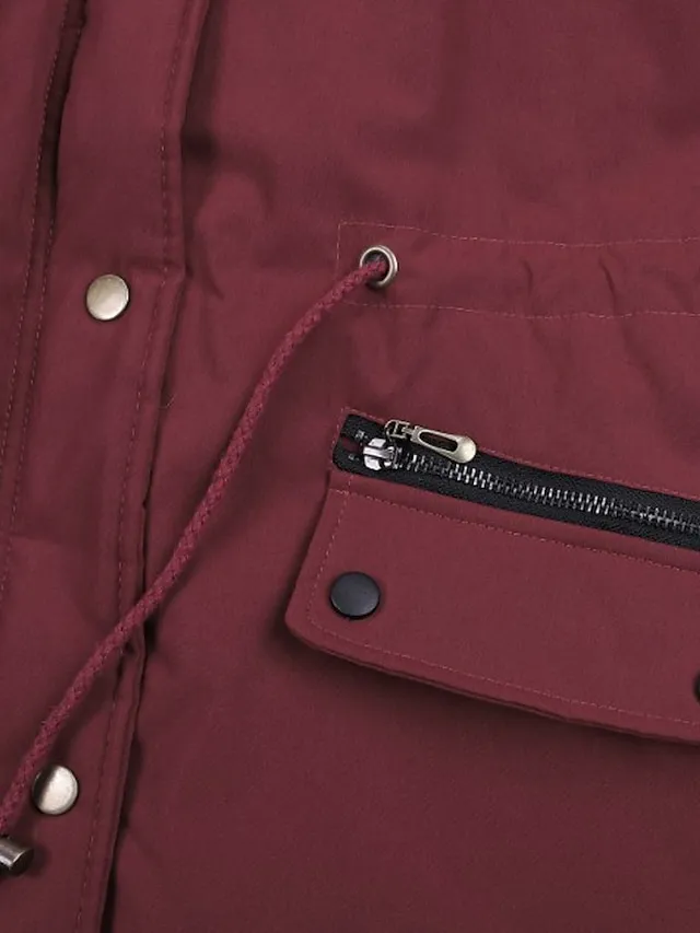 Women's Parka Fleece Lined Puffer Jacket Thicken Winter Coat with Fur Collar Hood Thermal Warm Heated Jacket with Pockets Fall Windproof Zipper Drawstring Outerwear Long Sleeve