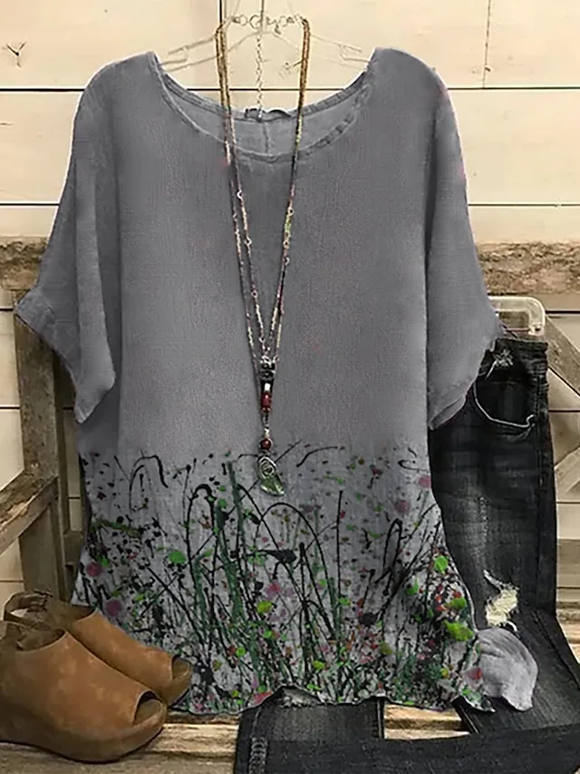 Women's Shirt Blouse Floral Scenery Abstract White Pink Blue Print Short Sleeve Daily Basic Casual Crew Neck Regular Fit Dolman Sleeve Summer Spring