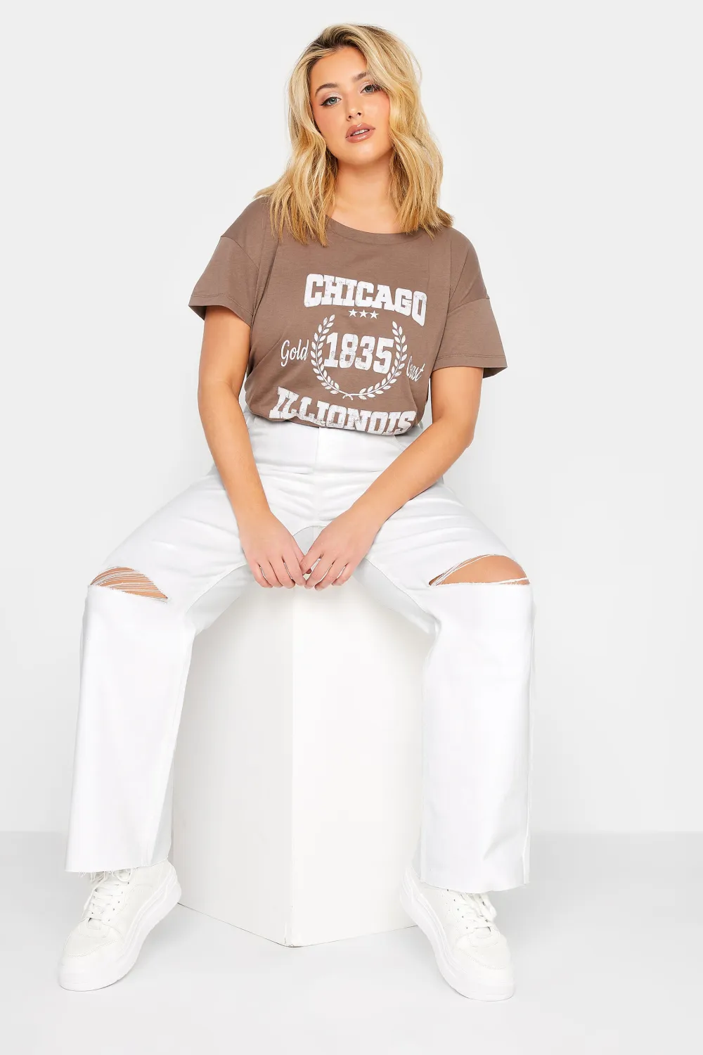 Yours Curve White Ripped Wide Leg Jeans