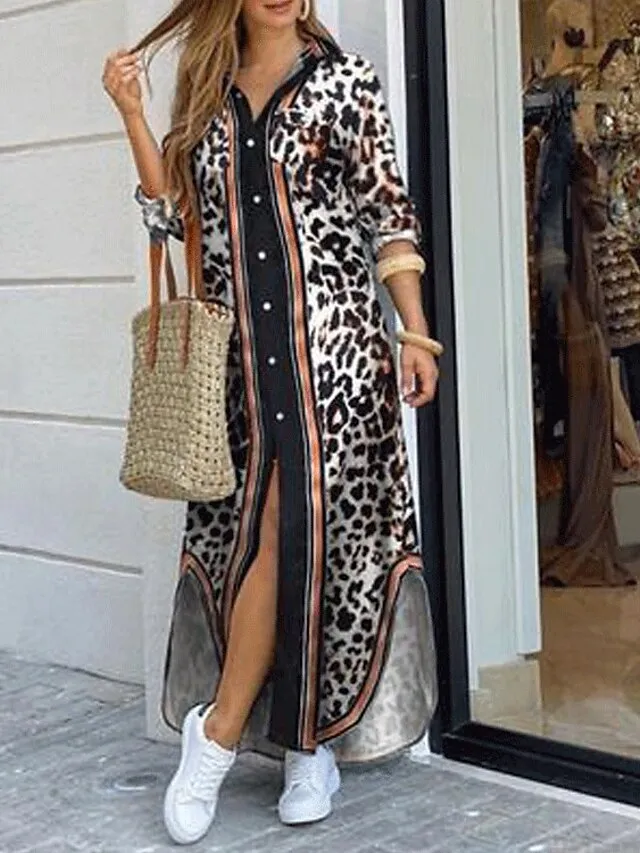 Women's Casual Dress Shirt Dress Casual Dress Geometric Print Button Pocket Shirt Collar Maxi long Dress Basic Casual Outdoor Daily Long Sleeve Regular Fit Leopard Pattern white Black Summer Spring S