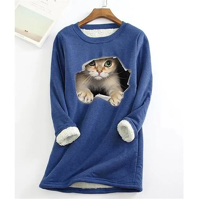 Women's Plus Size Sweatshirt Pullover Cat Teddy Sherpa Fleece Denim Blue Black White Street Casual Round Neck Long Sleeve Top Micro-elastic Fall & Winter
