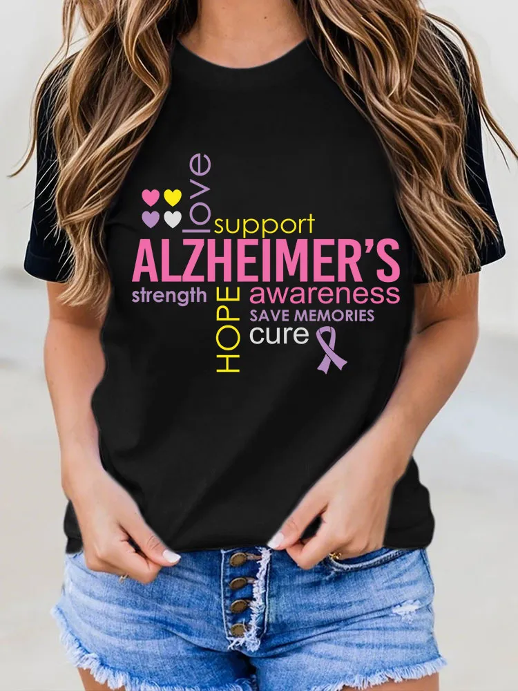 Women's Alzheimer's Disease Awareness Floral Print Round-Neck T-Shirt