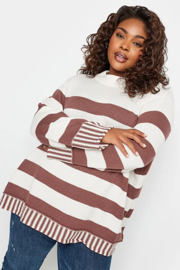 YOURS Curve White & Brown Stripe Jumper