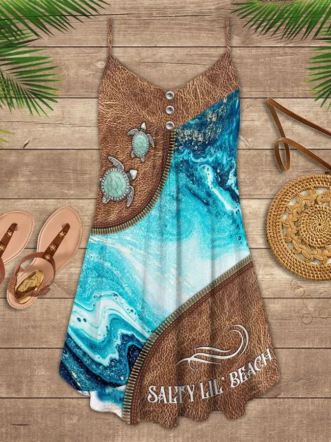 Sea Turtle Zipper Print Spaghetti Strap Dress