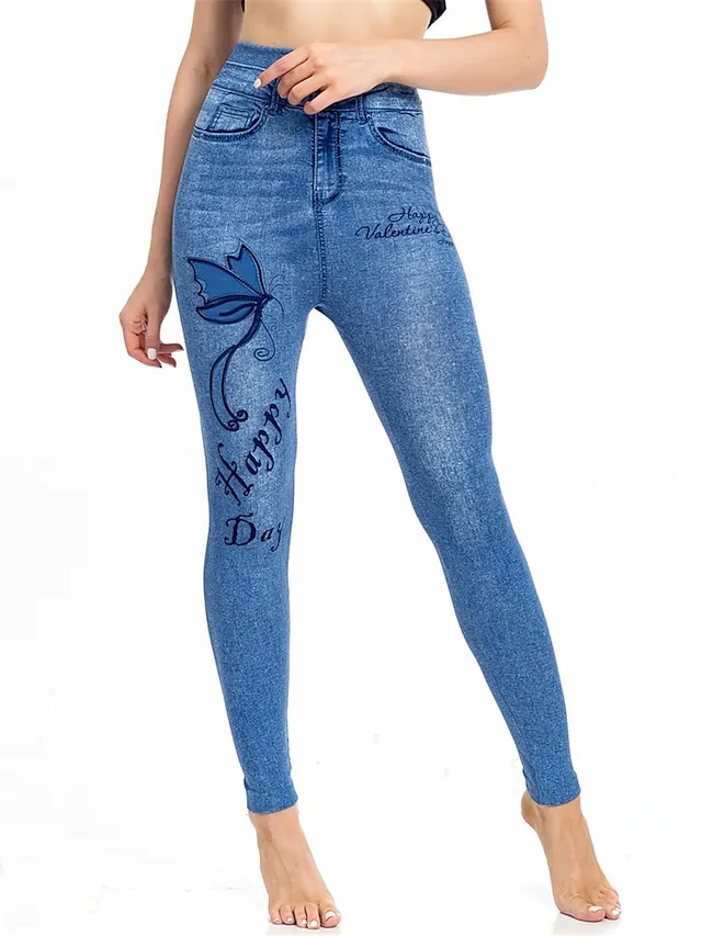 Women's Slim Pants Trousers Leggings Full Length Faux Denim Pocket High Cut High Elasticity High Waist Fashion Streetwear Street Causal Lake Blue Royal Blue S M Summer Fall