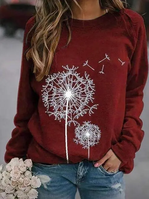 Dandelion Print Long Sleeve Tops