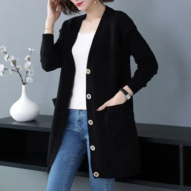 Plain Long Sleeve Casual Buckle Pockets Cardigan