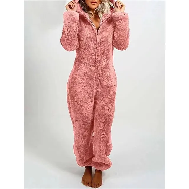 Women's Adult Onesies Onesie Pajamas Pure Color Plush Casual Comfort Home Daily Bed Polar Fleece Warm Hoodie Long Sleeve Fall Winter Light Pink claret