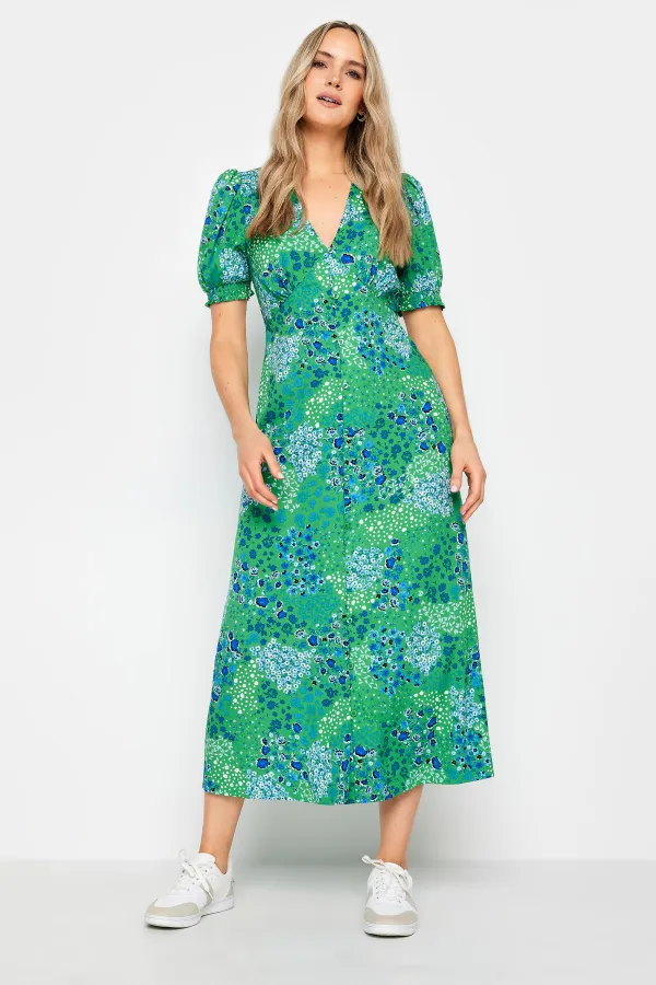 LTS Tall Green Ditsy Floral Print Button Through Midaxi Dress