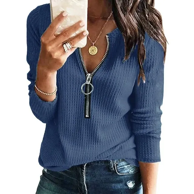 Blouse Women's Olive Green Denim Blue Black Solid / Plain Color Zip Up Daily Basic S