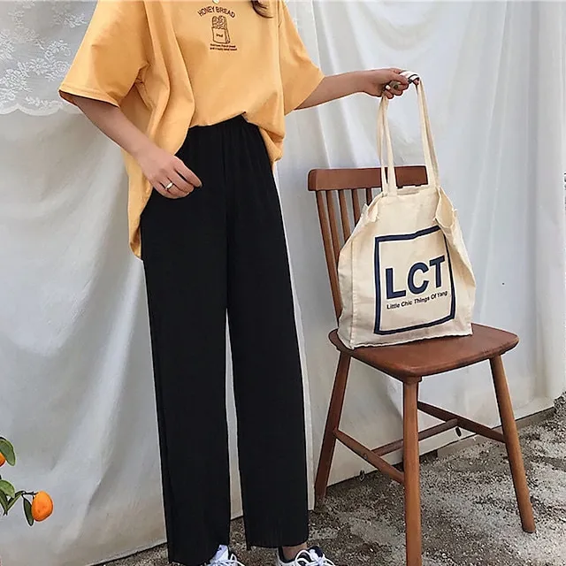 Women's Dress Pants Wide Leg Chinos Ankle-Length Baggy Micro-elastic Mid Waist Fashion Streetwear Daily Weekend Black S M Summer Spring &  Fall