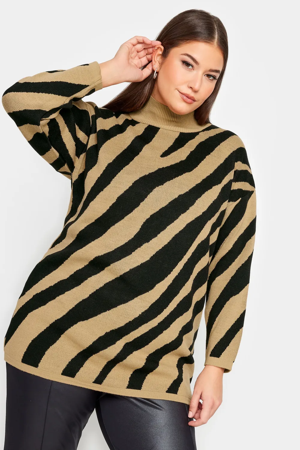 YOURS Curve Grey Zebra Print Turtle Neck Jumper