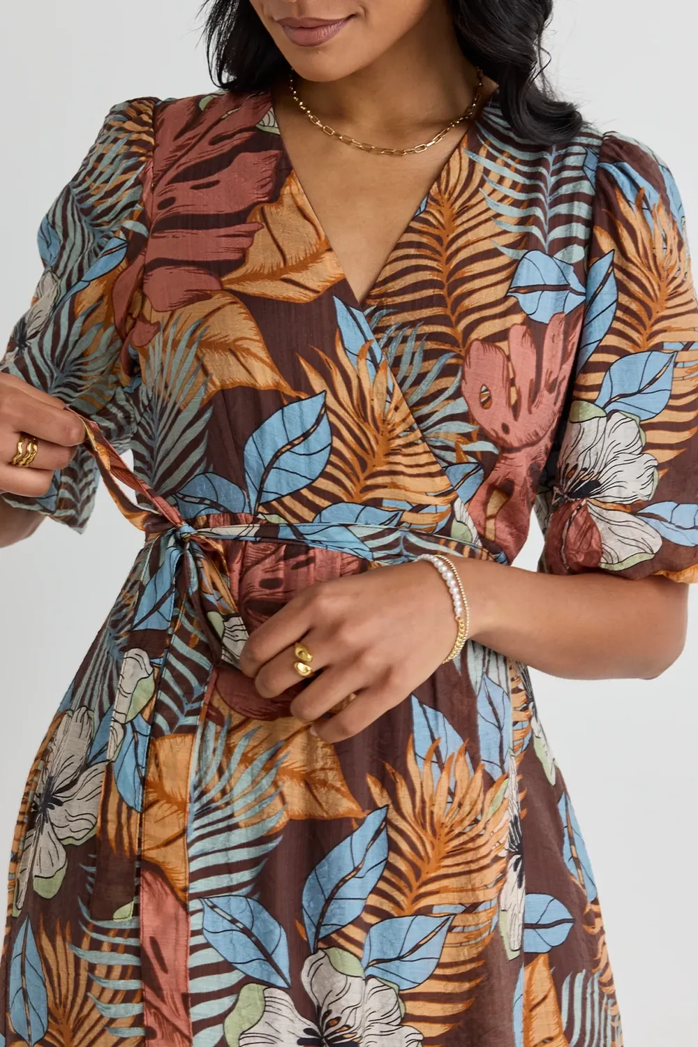 Ocean Tropical Print Wrap Midi Dress