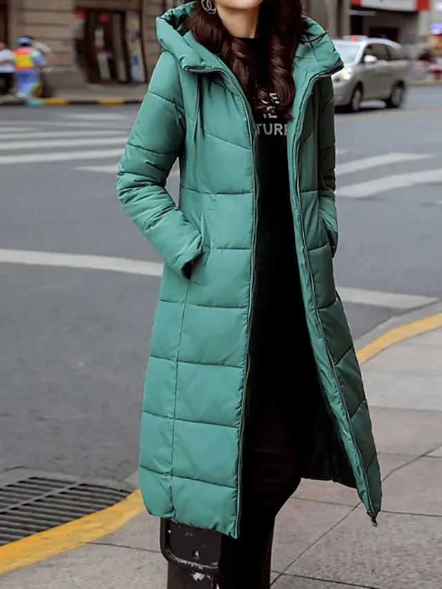 Women's Puffer Jacket Parka Outdoor Street Daily Winter Fall Long Coat Regular Fit Warm Breathable Jacket Long Sleeve Solid Color Green Black Dark Green / Going out