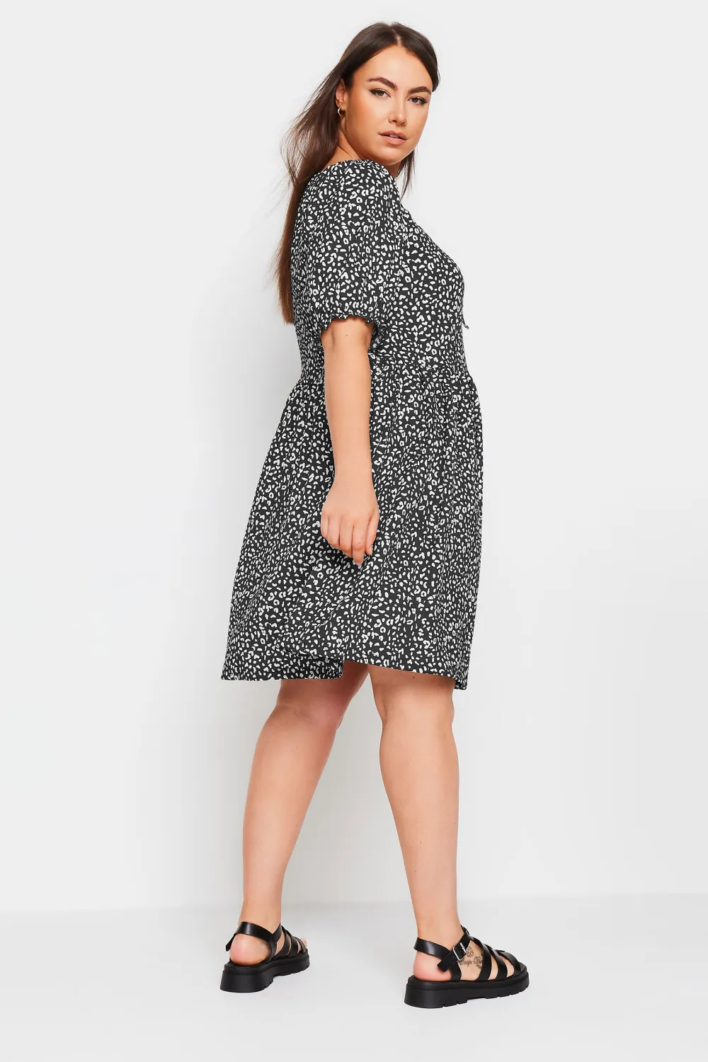 YOURS Curve Black Leopard Print Textured Mini Dress