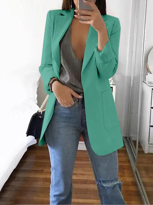 Women's Blazer Casual Pocket Clean Fit Formal Outdoor Daily Wear Polyester Spring Wine Green Black Open Front V Neck Regular Fit S M L XL XXL 3XL / Solid Color