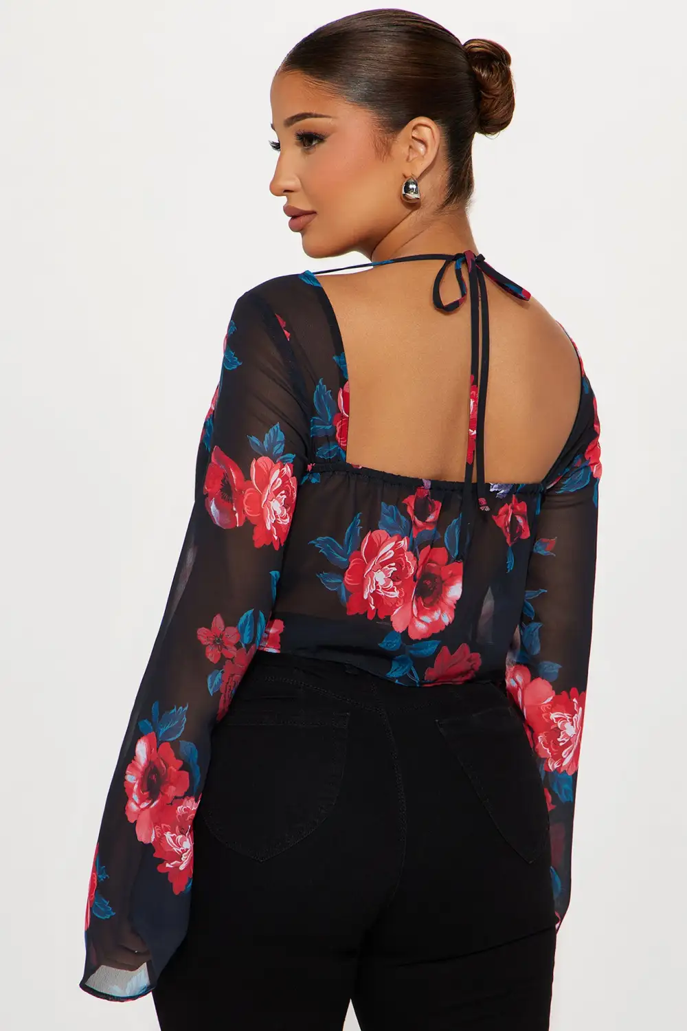 Laina Floral Blouse Top - Black/Red