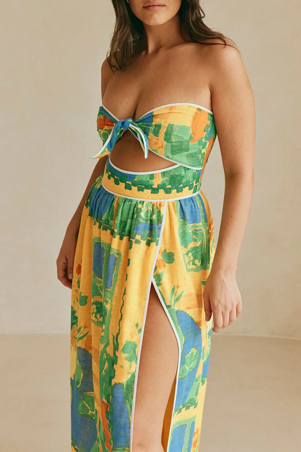 Color Blocked Strapless Slit Midi Dress