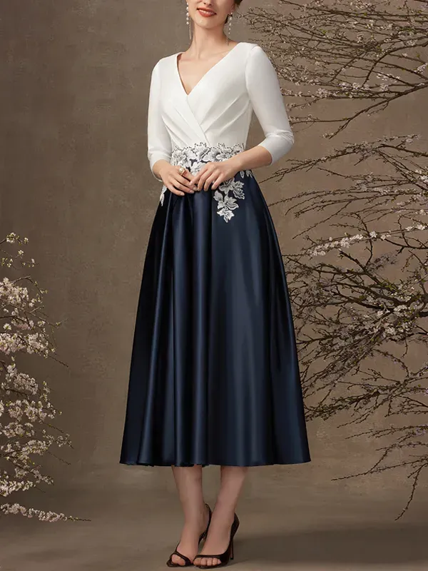V Neck Tea Length Satin Bridal Mom Dress