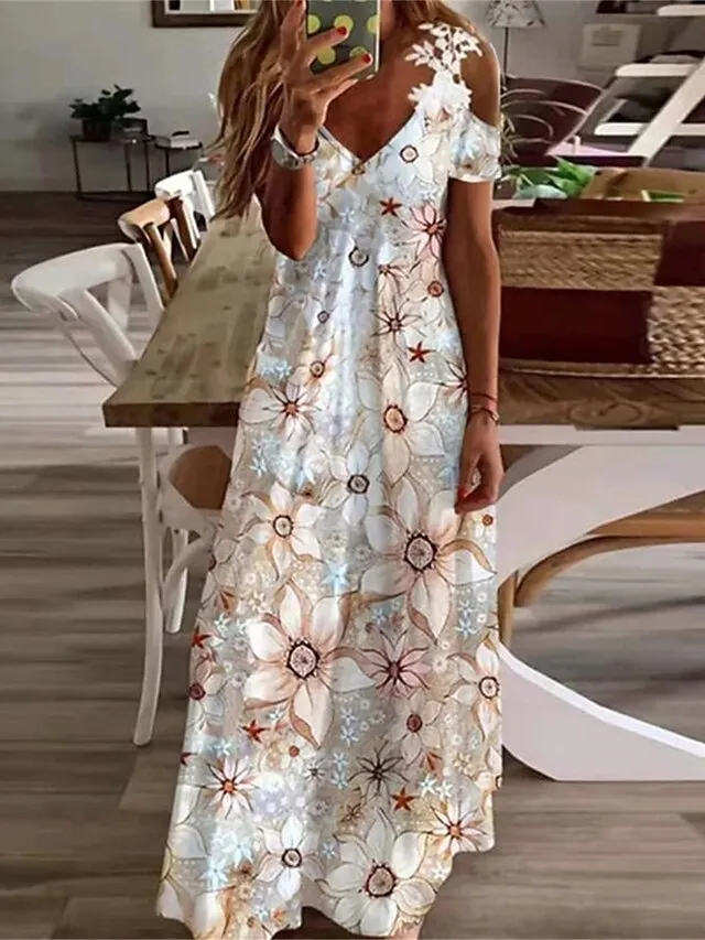 Women's Long Dress Maxi Dress Casual Dress A Line Dress Floral Dress Floral Print Ombre Fashion Casual Outdoor Daily Holiday Cut Out Print Short Sleeve V Neck Dress Regular Fit Light Yellow Black