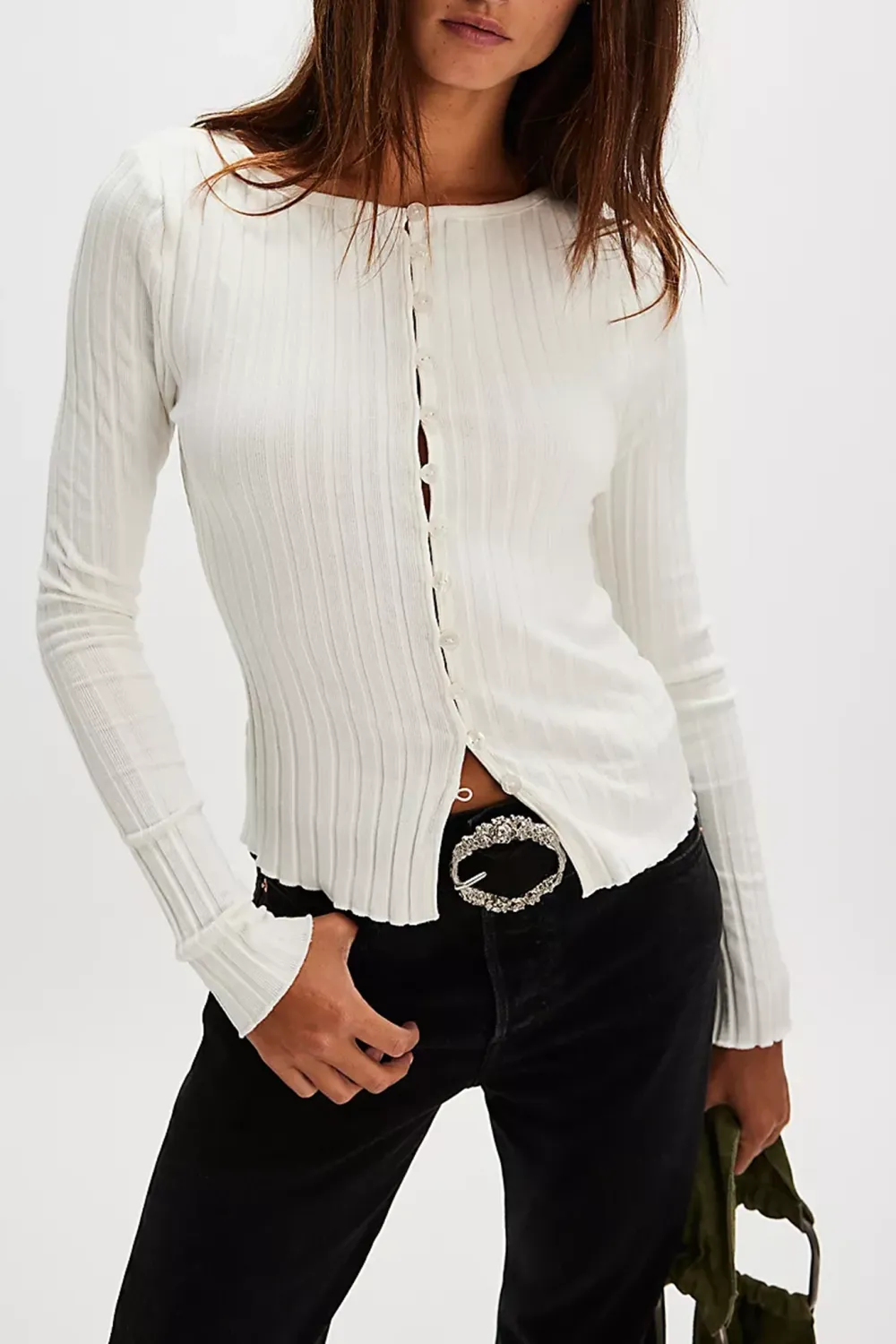 Ribbed Button Front Long Sleeve Top