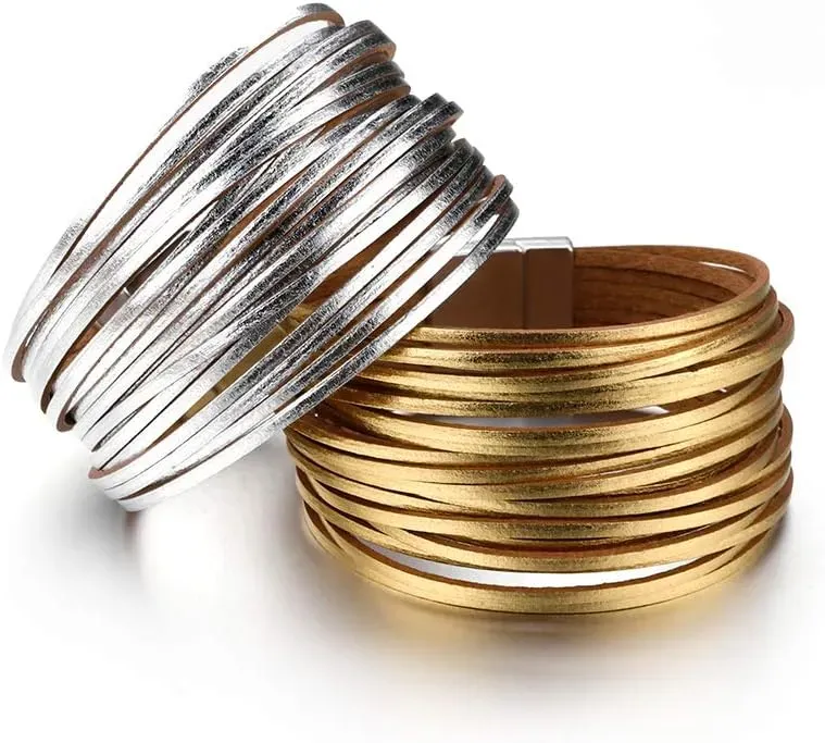 Fesciory Leather Wrap Bracelets for Women, Boho Leopard Multi-Layer Crystal Beads Cuff Bracelet Jewelry