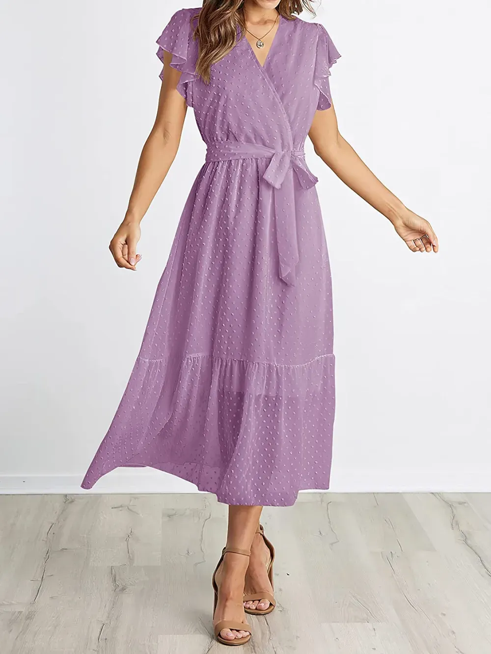 Women Summer Bohemian Floral Casual Wrap V Neck Ruffle Cap Sleeveless Belt A-Line Pleated Hem Swing Midi Sun Dress