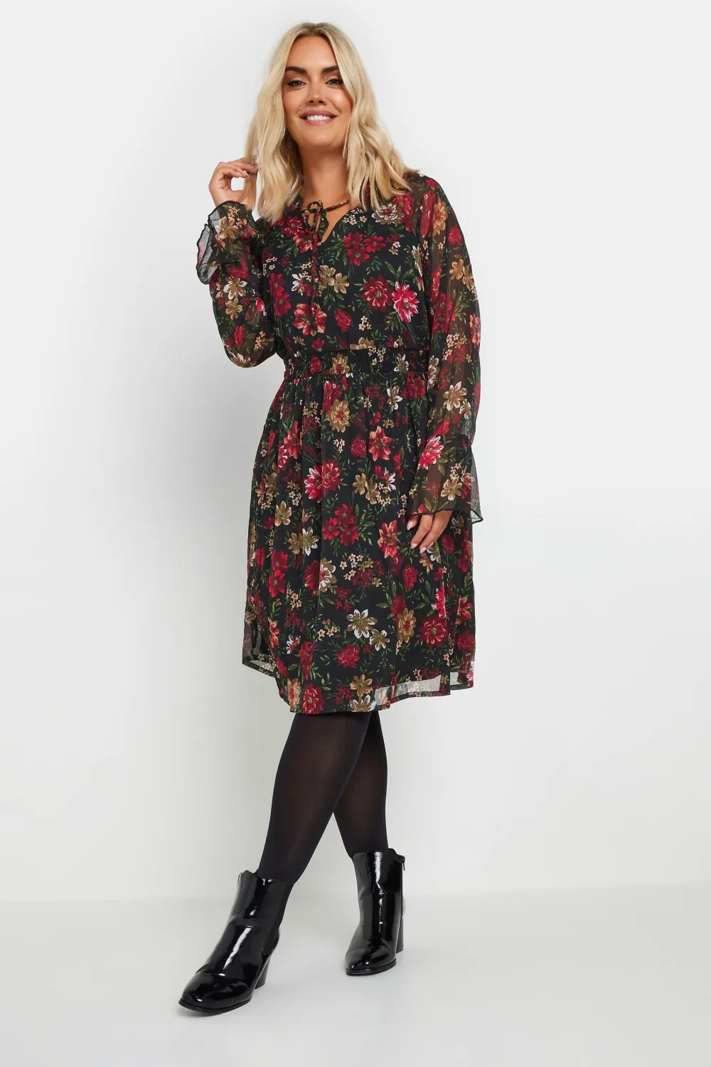 YOURS Curve Black & Red Floral Print Chiffon Tie Neck Dress