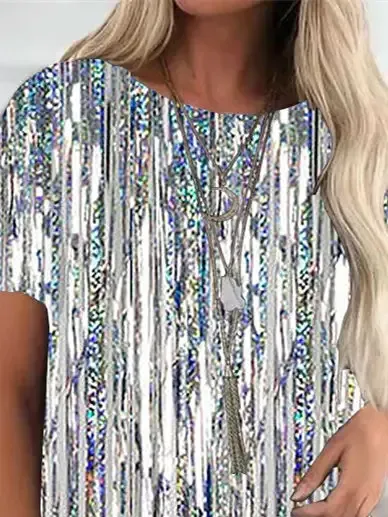 Women Short Sleeve Scoop Neck Striped Sequins Top