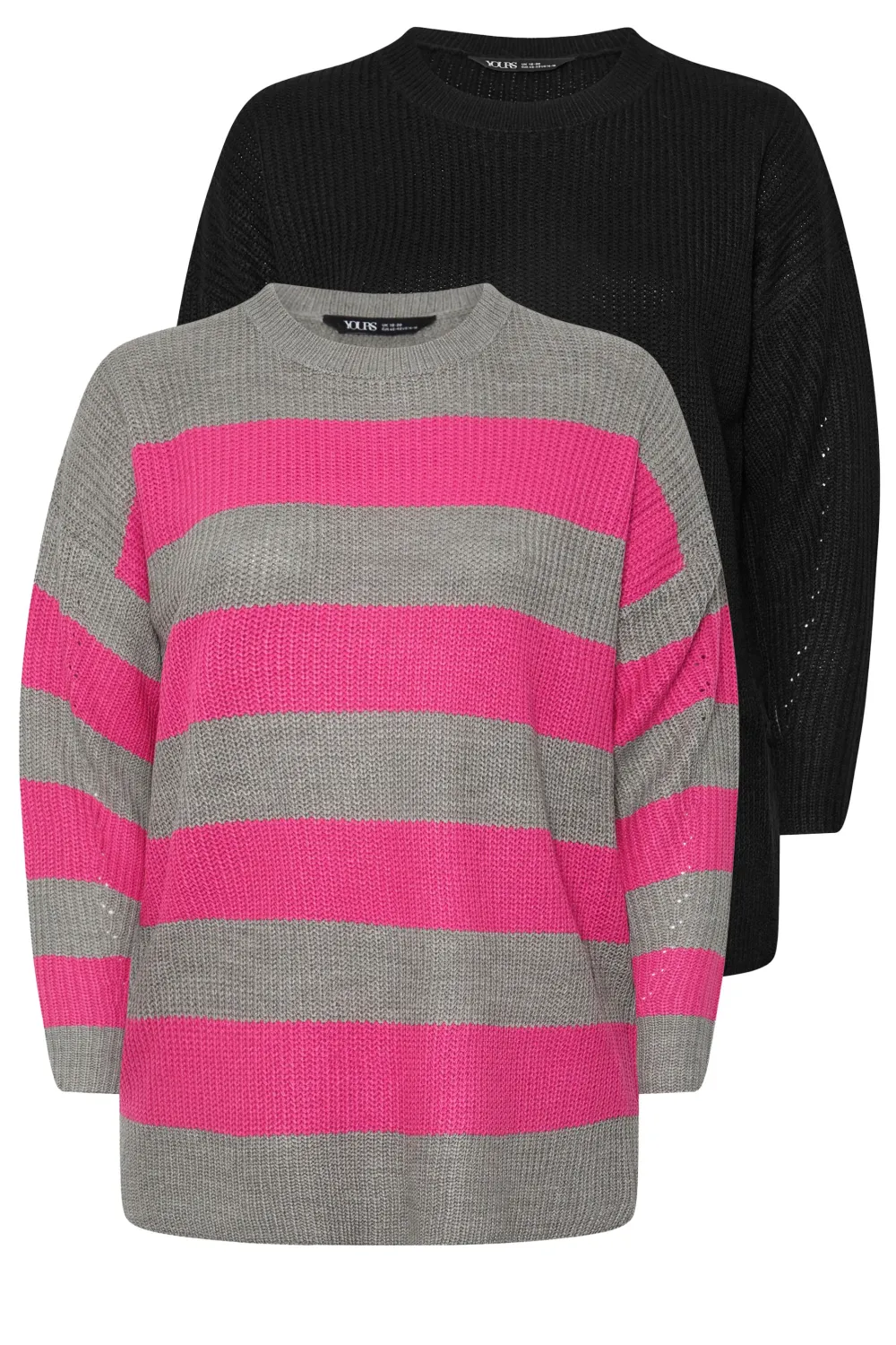 YOURS Curve 2 PACK Black & Grey Drop Shoulder Knitted Jumpers