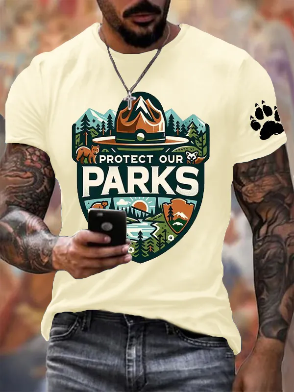 Men'S Protect Our National Parks Printed Round Neck T-Shirt