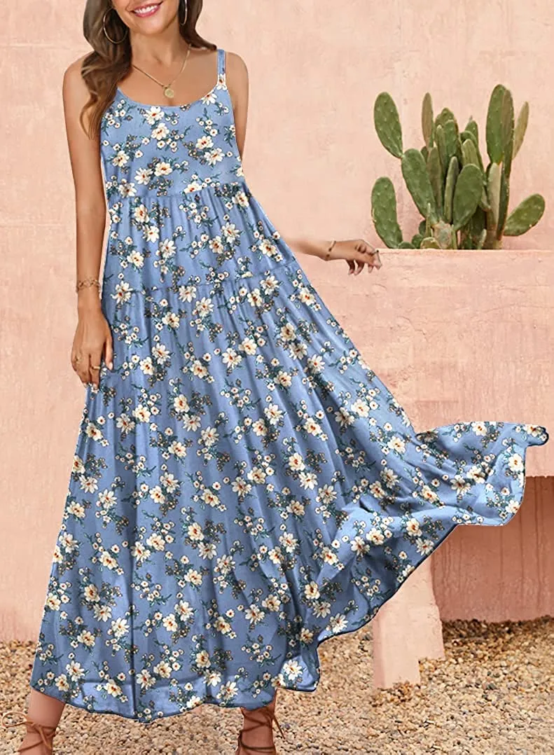 Summer Dresses for Women Casual Loose Bohemian Floral Dress with Pockets Spaghetti Strap Maxi Dress E75