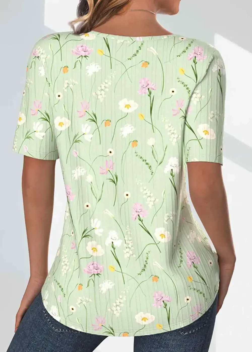 Light Green Textured Fabric Floral Print T Shirt