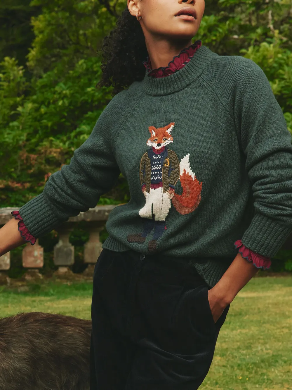 Dark Green Intarsia Fox Knit Jumper