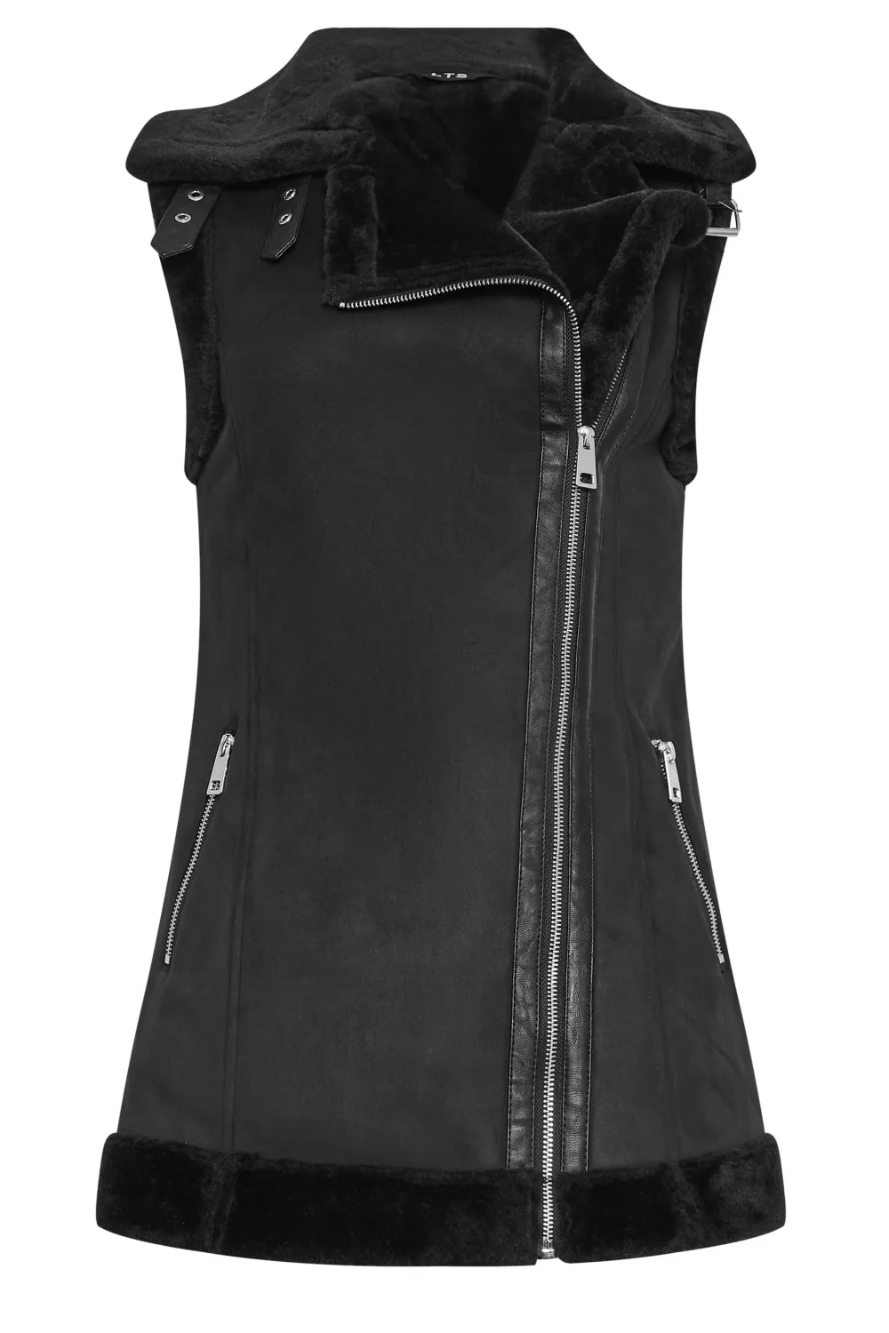LTS Tall Black Faux Fur Trim Aviator Gilet